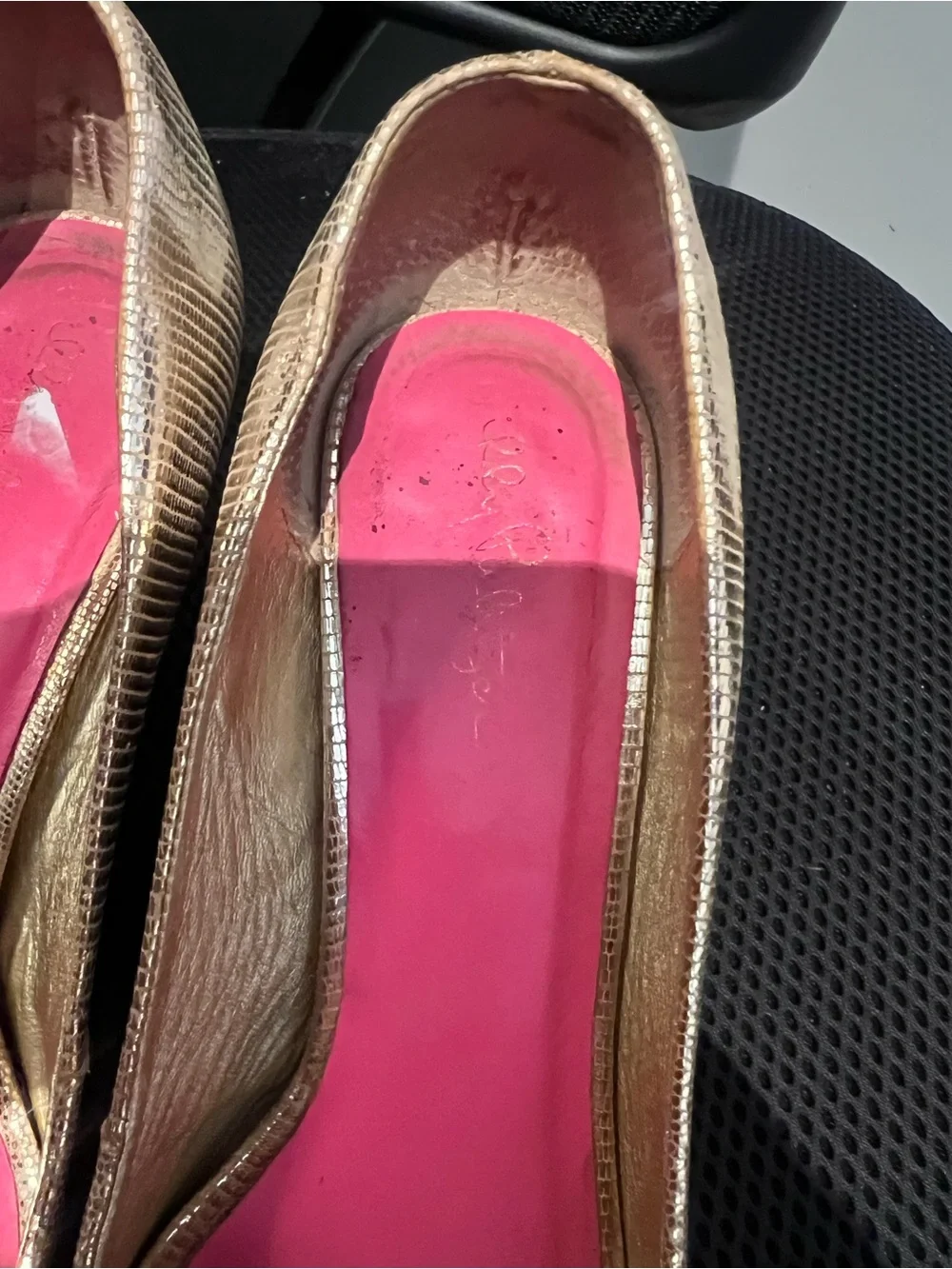 Lilly Pulitzer Gold Peep-Toe Heels with Red Insole